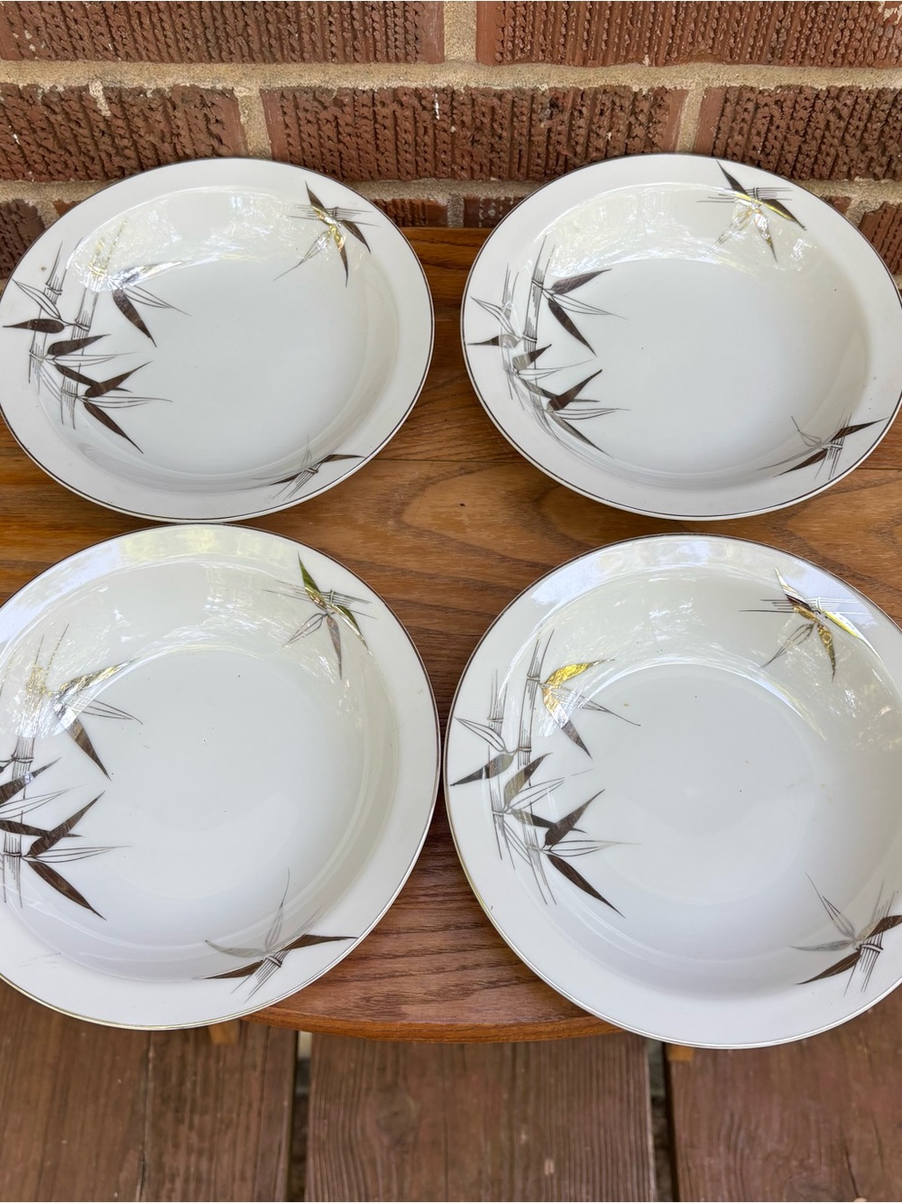 Kutani Vintage Gray Silver Bamboo Platinum Trim Dessert Soup bowl Japan 4 pc